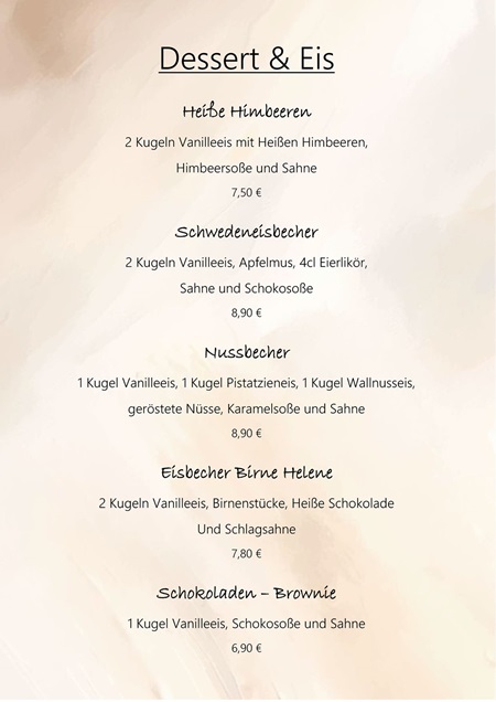 Dessert- und Eiskarte im Gasthaus "Zur Linde" Freital